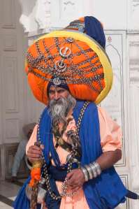A devotee with a enormous turban at the Golden Temple in Amritsar