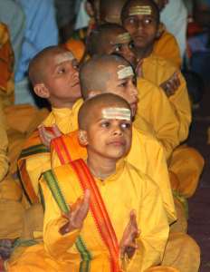 Young monks at the Ganga Aarti at the Parmath Ashram in Rishikesh